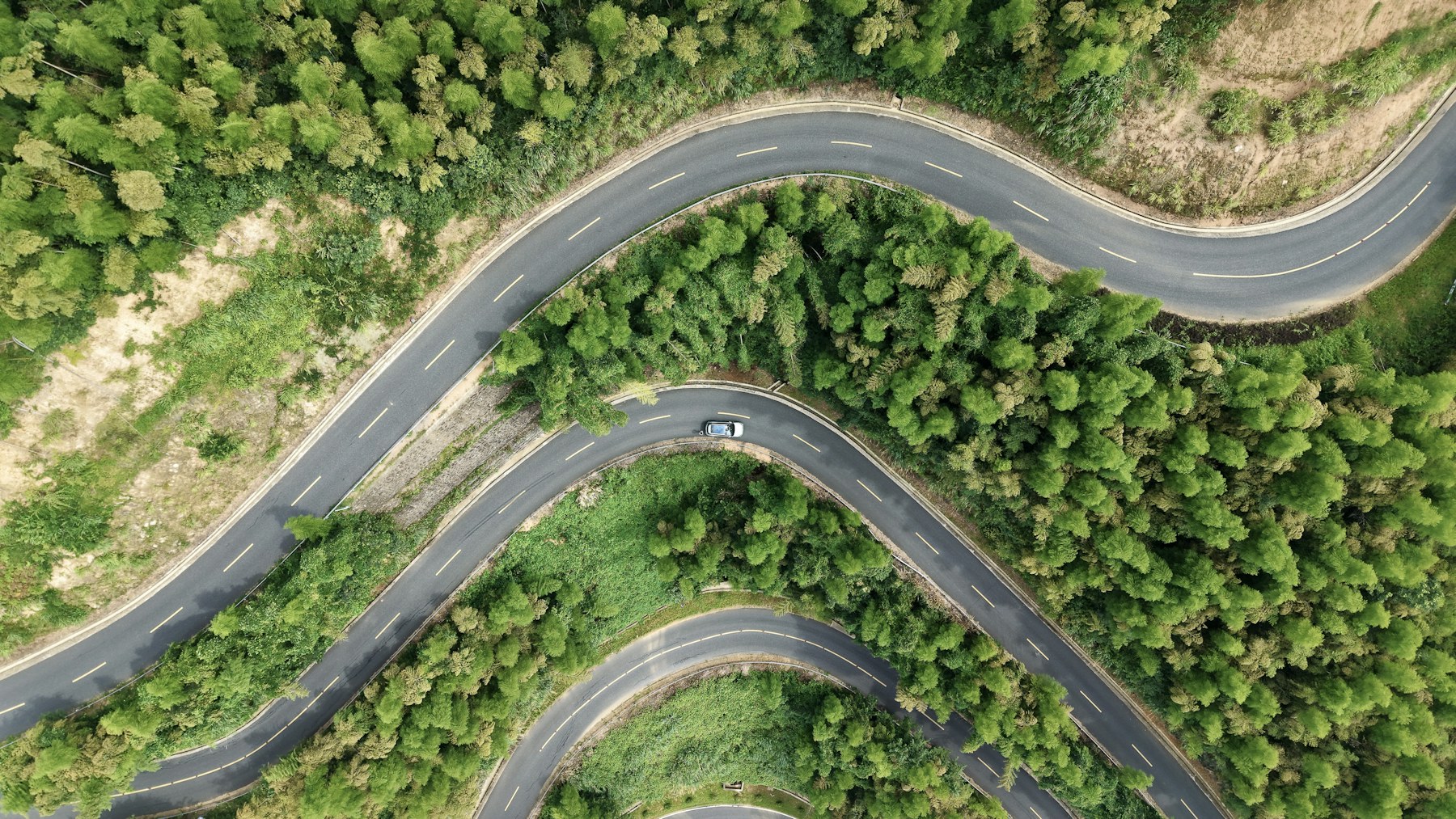A winding road through forested hills in Lin’an, Hangzhou, China